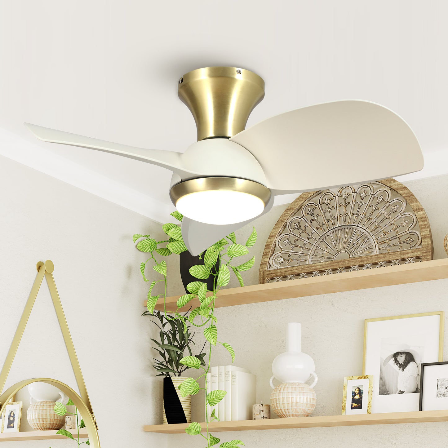 Parrot Uncle シーリングファンライト 照明 ファン 小型3枚羽根 LEDチップ内蔵 3ブレードスタイル DCモーター 天井照明 照明器具 省エネ 3羽根 吹き抜け リモコン付き 調光・調色 おしゃれ (ゴールド)