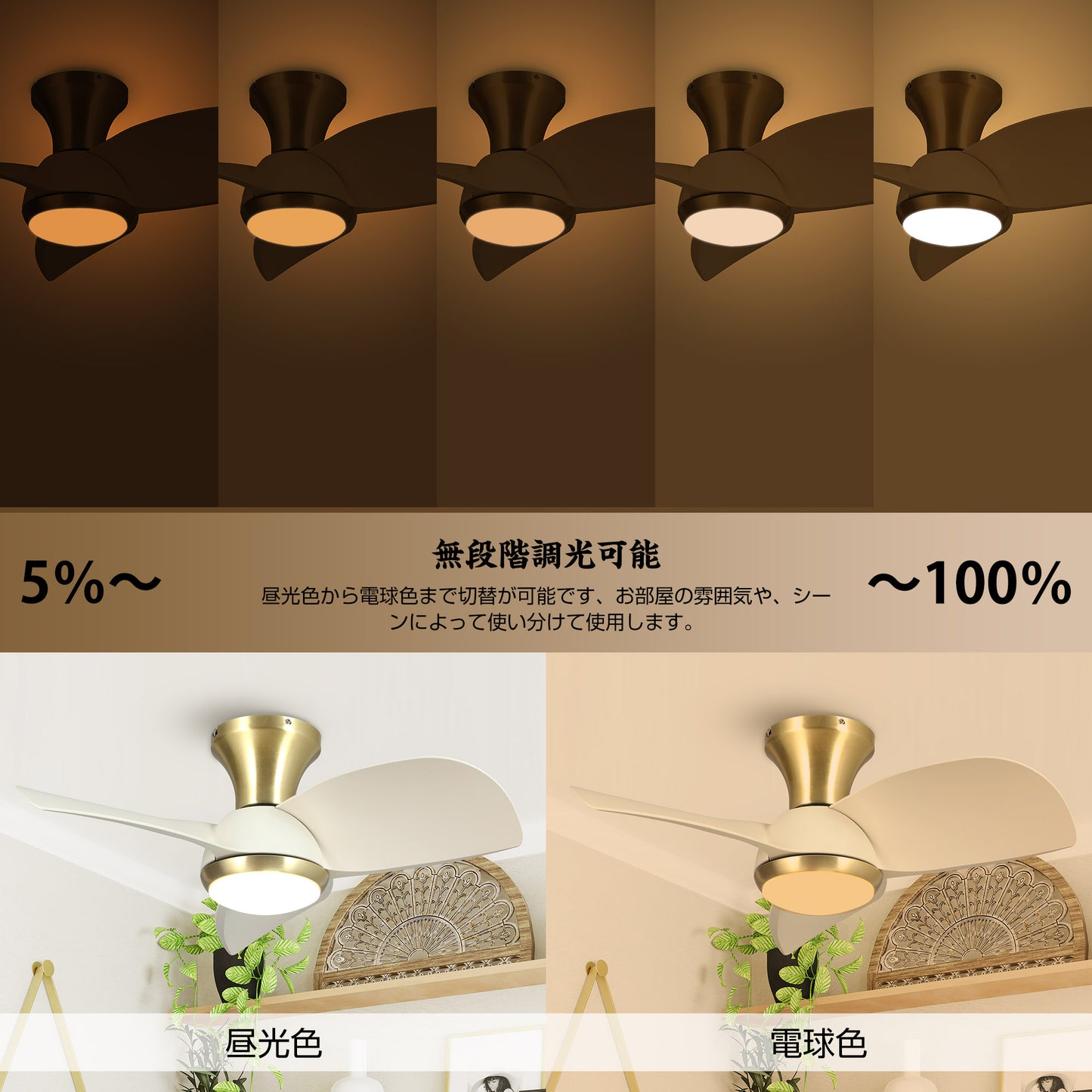 Parrot Uncle シーリングファンライト 照明 ファン 小型3枚羽根 LEDチップ内蔵 3ブレードスタイル DCモーター 天井照明 照明器具 省エネ 3羽根 吹き抜け リモコン付き 調光・調色 おしゃれ (ゴールド)